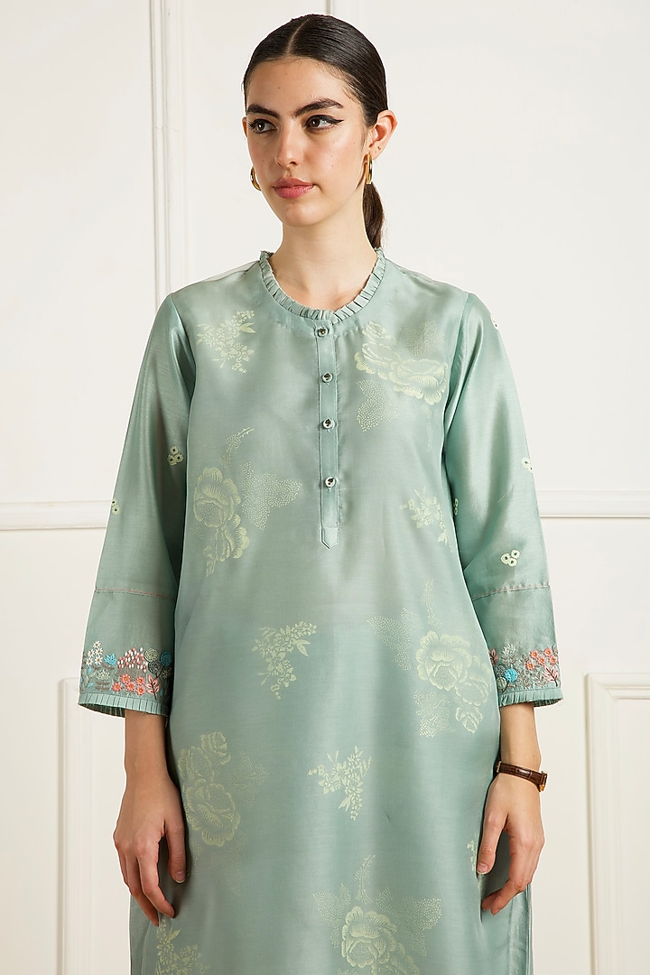 Mint Silk Chanderi Machine Embroidered & Printed Layered Tunic Set by Arcvsh by Pallavi Singh at Pernia's Pop Up Shop