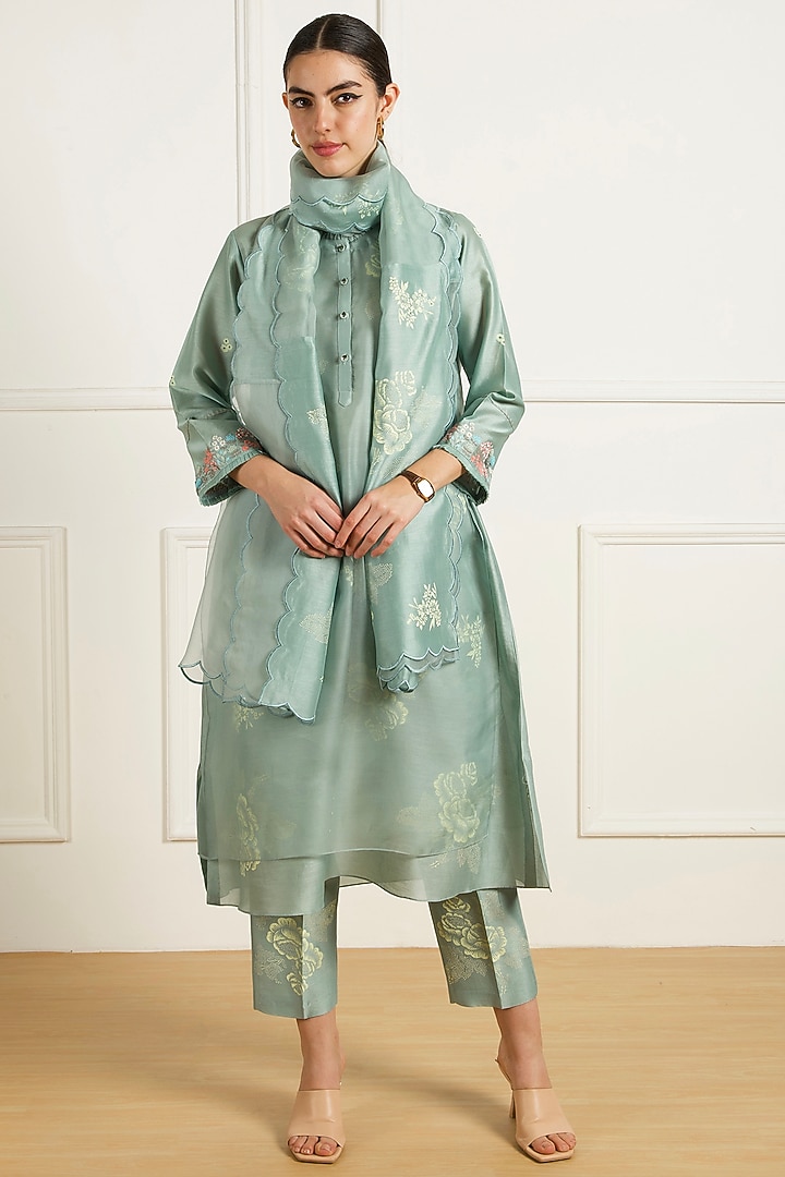 Mint Silk Chanderi Machine Embroidered & Printed Layered Tunic Set by Arcvsh by Pallavi Singh at Pernia's Pop Up Shop
