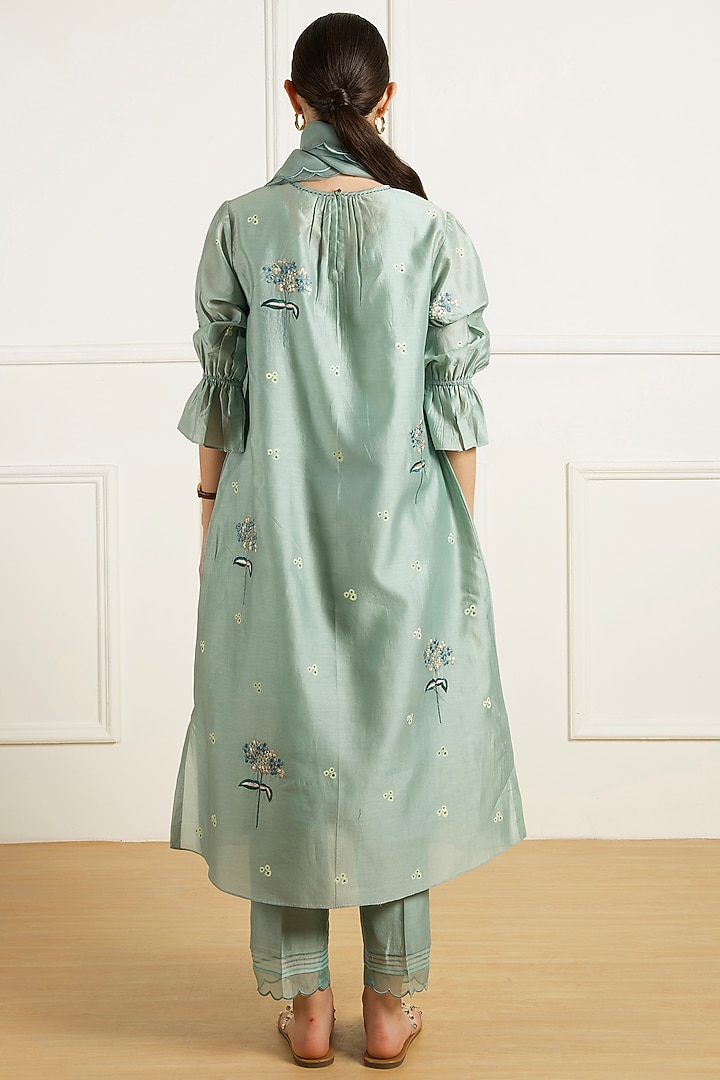 Mint Silk Chanderi Machine Embroidered & Printed Tunic Set by Arcvsh by Pallavi Singh at Pernia's Pop Up Shop