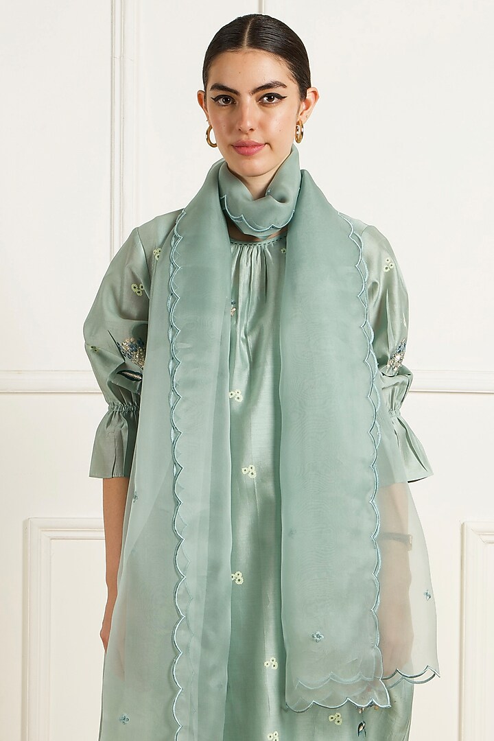 Mint Silk Chanderi Machine Embroidered & Printed Tunic Set by Arcvsh by Pallavi Singh at Pernia's Pop Up Shop
