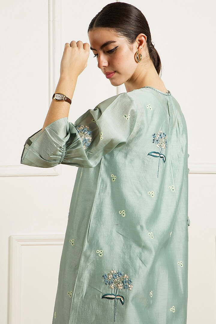 Mint Silk Chanderi Machine Embroidered & Printed Tunic Set by Arcvsh by Pallavi Singh at Pernia's Pop Up Shop