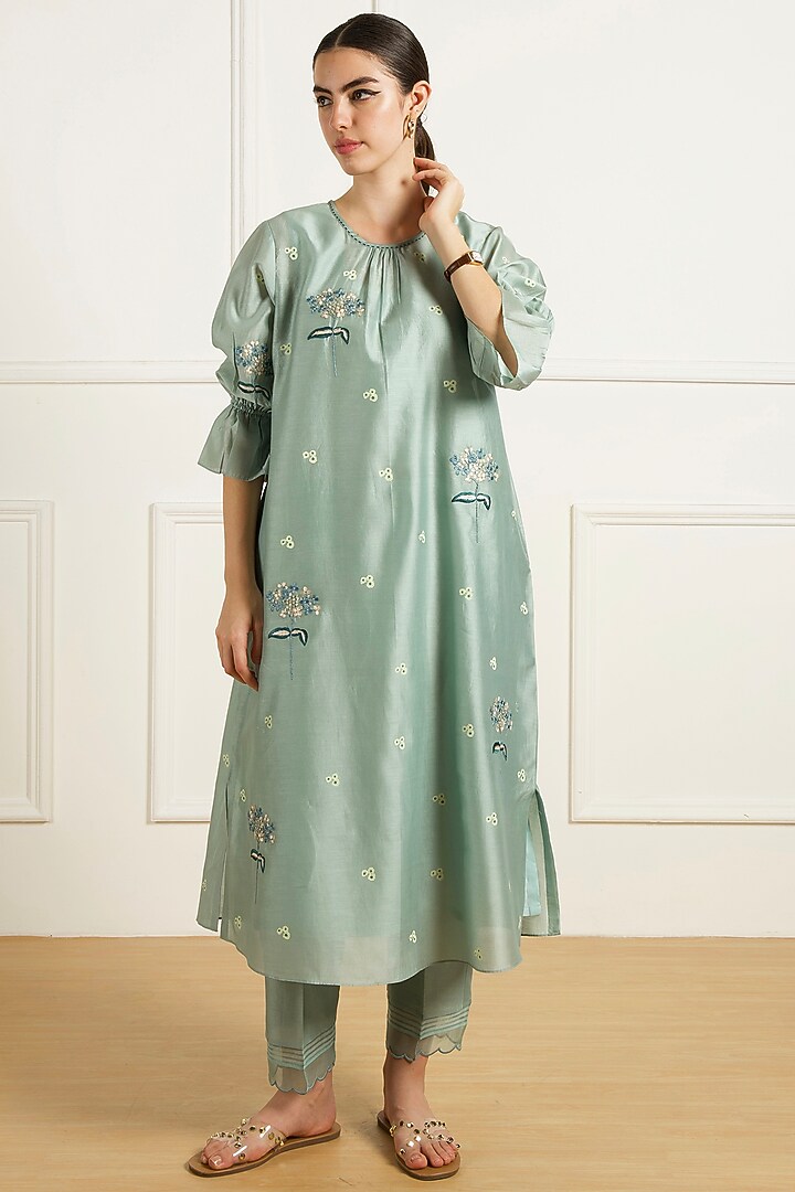 Mint Silk Chanderi Machine Embroidered & Printed Tunic Set by Arcvsh by Pallavi Singh at Pernia's Pop Up Shop