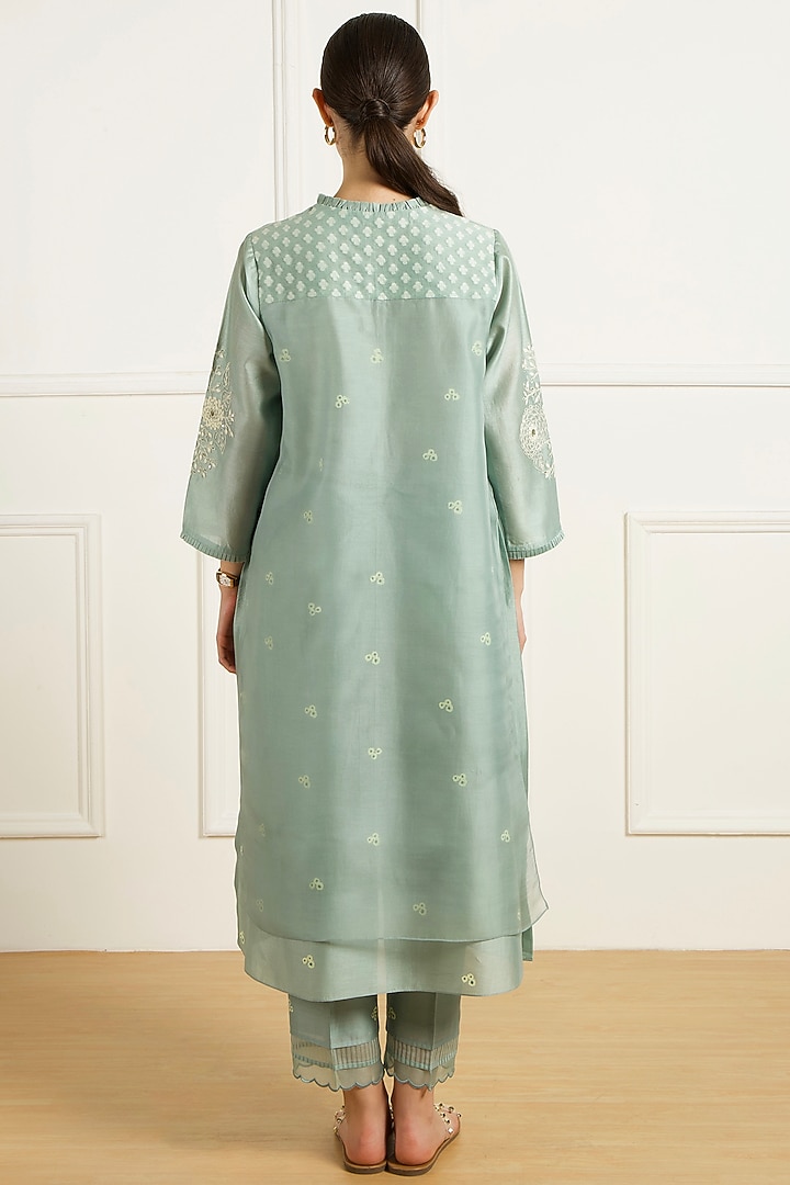 Mint Silk Chanderi Dori Embroidered & Printed Layered Tunic Set by Arcvsh by Pallavi Singh at Pernia's Pop Up Shop