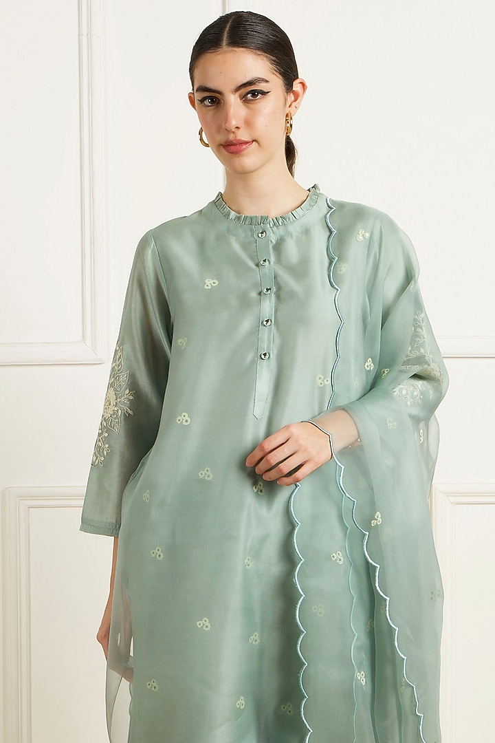 Mint Silk Chanderi Dori Embroidered & Printed Layered Tunic Set by Arcvsh by Pallavi Singh at Pernia's Pop Up Shop