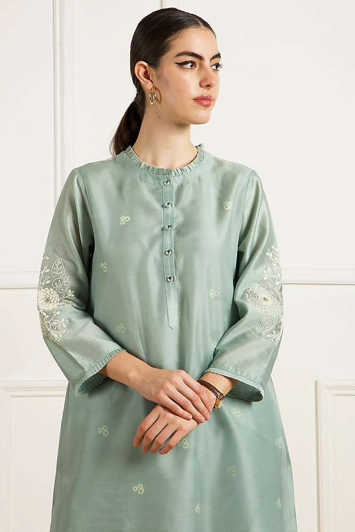 Mint Silk Chanderi Dori Embroidered & Printed Layered Tunic Set by Arcvsh by Pallavi Singh at Pernia's Pop Up Shop