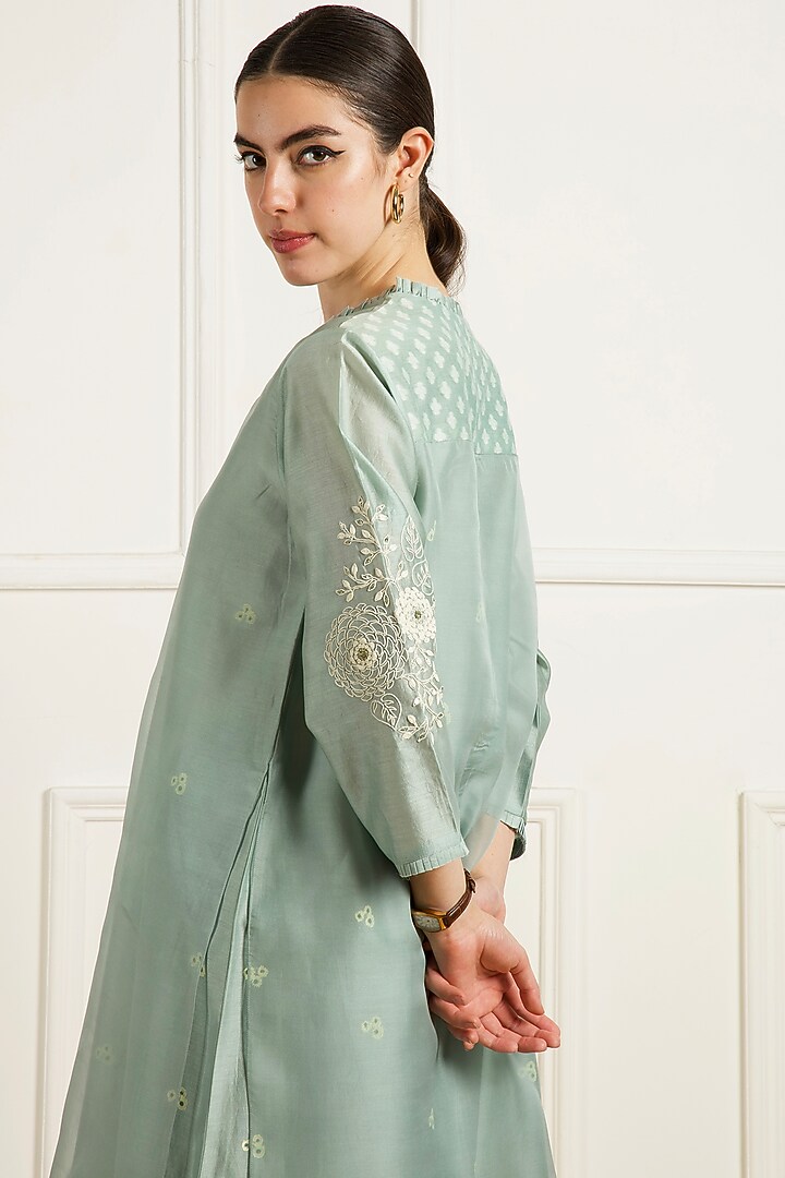 Mint Silk Chanderi Dori Embroidered & Printed Layered Tunic Set by Arcvsh by Pallavi Singh at Pernia's Pop Up Shop