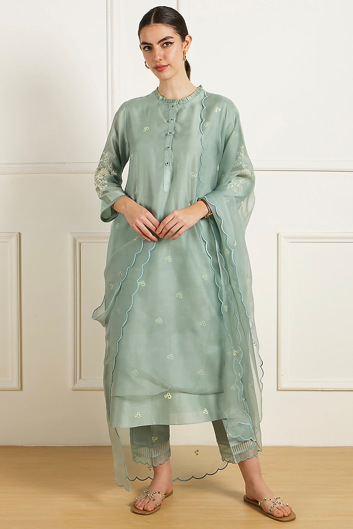Mint Silk Chanderi Dori Embroidered & Printed Layered Tunic Set by Arcvsh by Pallavi Singh at Pernia's Pop Up Shop