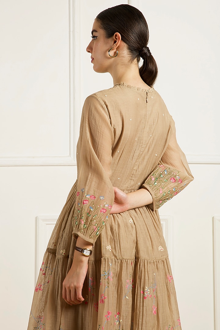 Beige Mul Chanderi Machine Embroidered & Printed Tunic Set by Arcvsh by Pallavi Singh at Pernia's Pop Up Shop