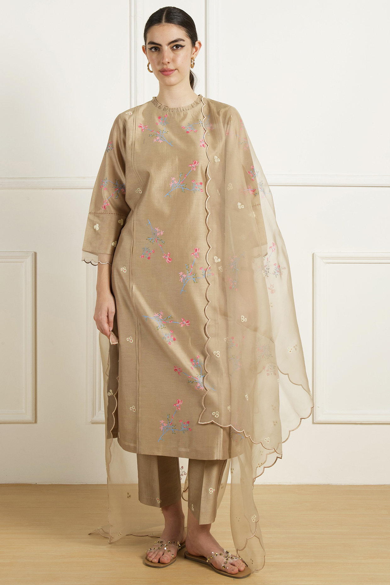 Beige Silk Chanderi Machine Embroidered & Printed Tunic Set by Arcvsh by Pallavi Singh at Pernia's Pop Up Shop