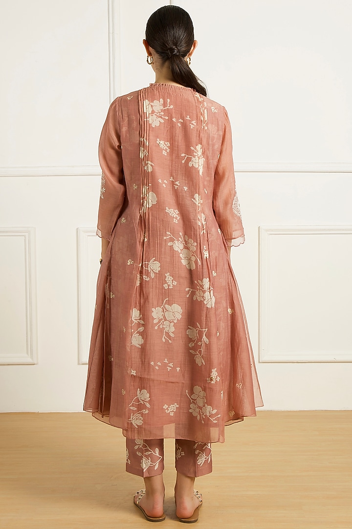 Almond Colored Mul Chanderi Machine Embroidered & Printed Tunic Set by Arcvsh by Pallavi Singh at Pernia's Pop Up Shop