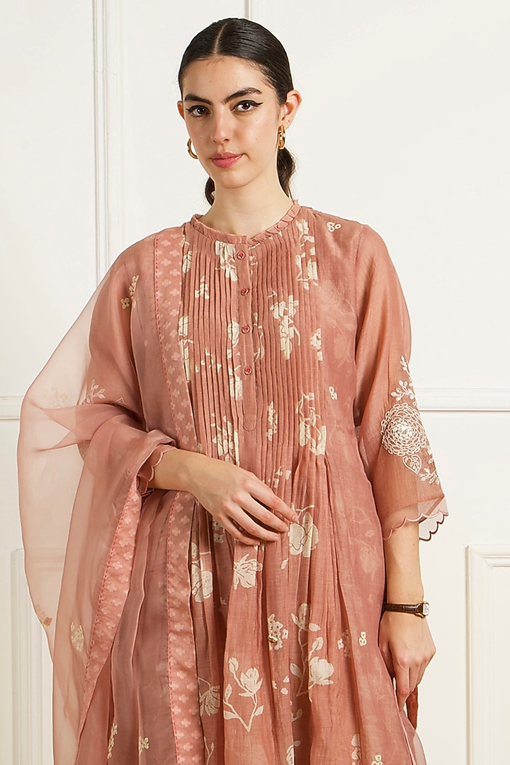 Almond Colored Mul Chanderi Machine Embroidered & Printed Tunic Set by Arcvsh by Pallavi Singh at Pernia's Pop Up Shop