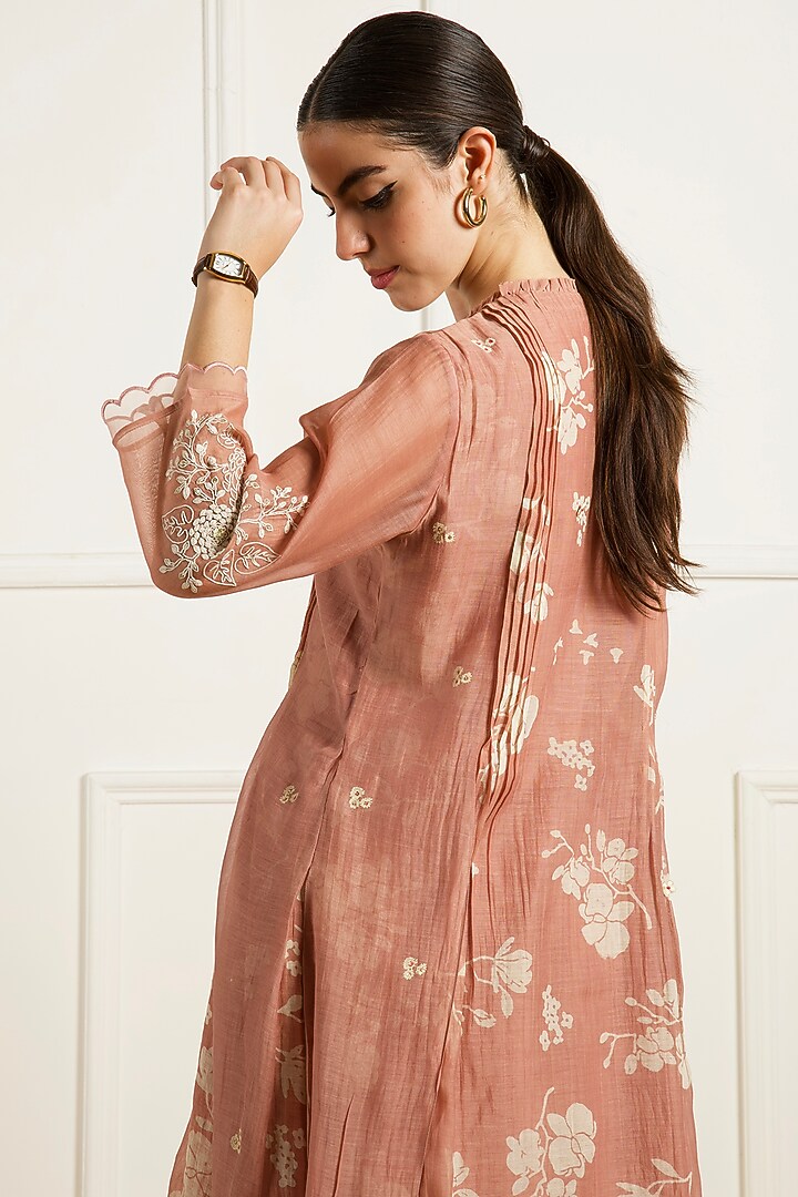 Almond Colored Mul Chanderi Machine Embroidered & Printed Tunic Set by Arcvsh by Pallavi Singh at Pernia's Pop Up Shop