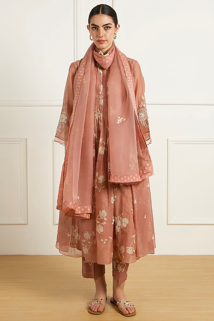 Almond Colored Mul Chanderi Machine Embroidered & Printed Tunic Set by Arcvsh by Pallavi Singh at Pernia's Pop Up Shop