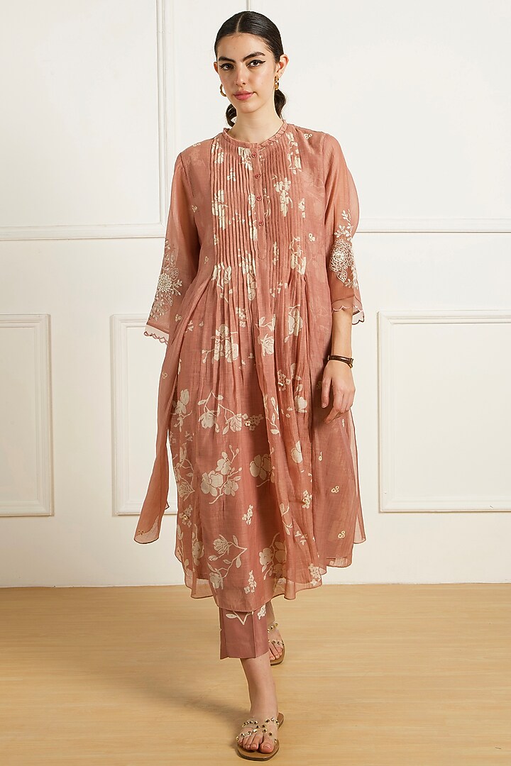 Almond Colored Mul Chanderi Machine Embroidered & Printed Tunic Set by Arcvsh by Pallavi Singh at Pernia's Pop Up Shop