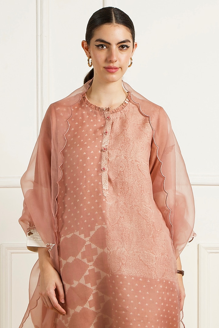 Almond Colored Linen Machine Embroidered & Printed Tunic Set by Arcvsh by Pallavi Singh at Pernia's Pop Up Shop