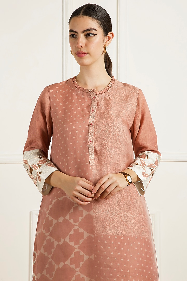 Almond Colored Linen Machine Embroidered & Printed Tunic Set by Arcvsh by Pallavi Singh at Pernia's Pop Up Shop