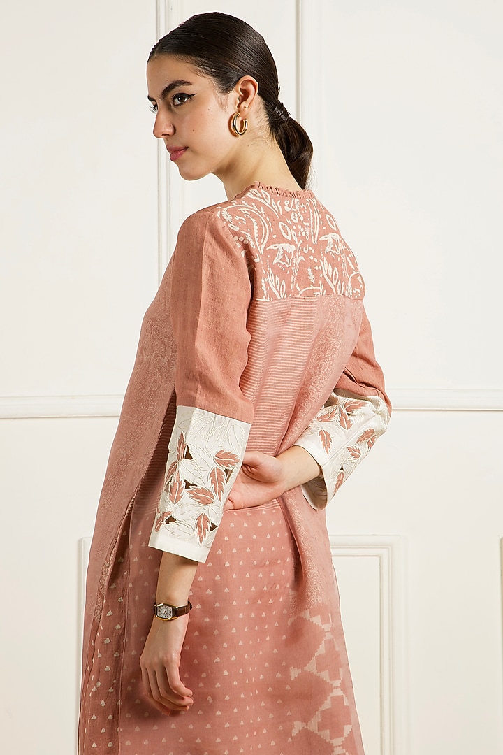 Almond Colored Linen Machine Embroidered & Printed Tunic Set by Arcvsh by Pallavi Singh at Pernia's Pop Up Shop