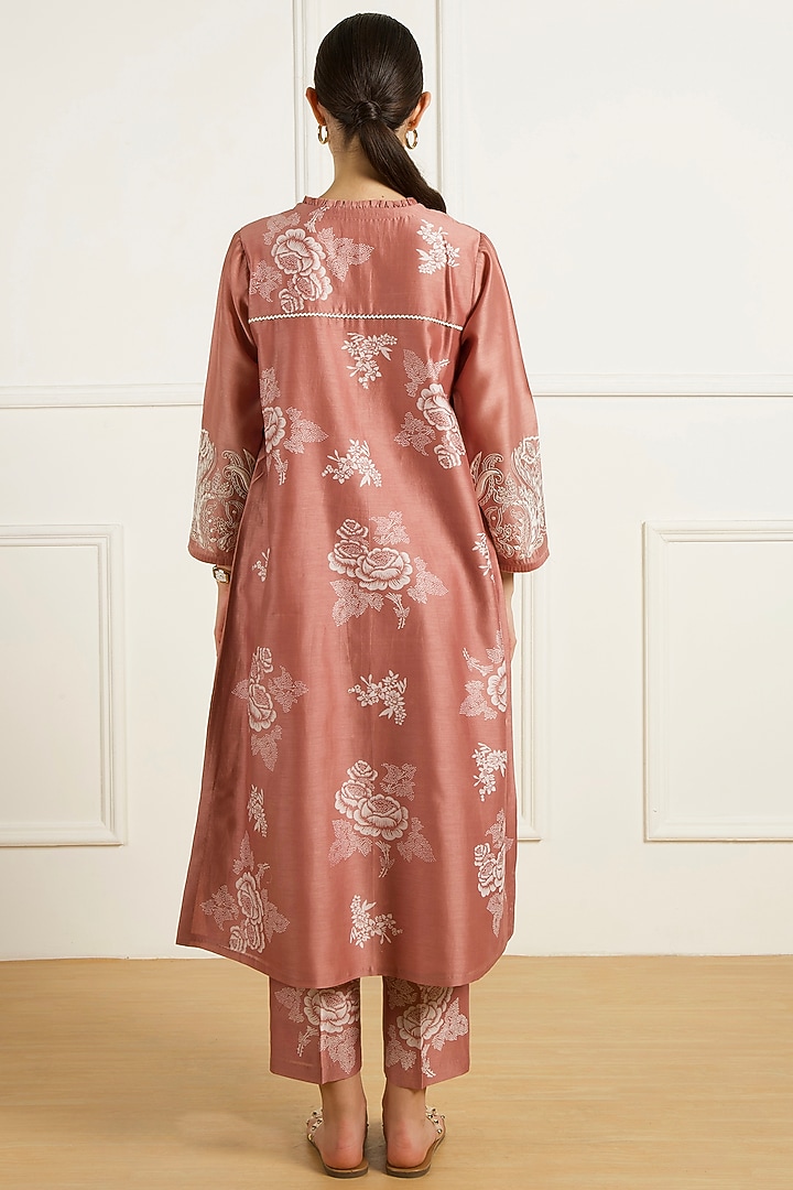 Almond Colored Silk Chanderi Machine Embroidered & Printed Tunic Set by Arcvsh by Pallavi Singh at Pernia's Pop Up Shop