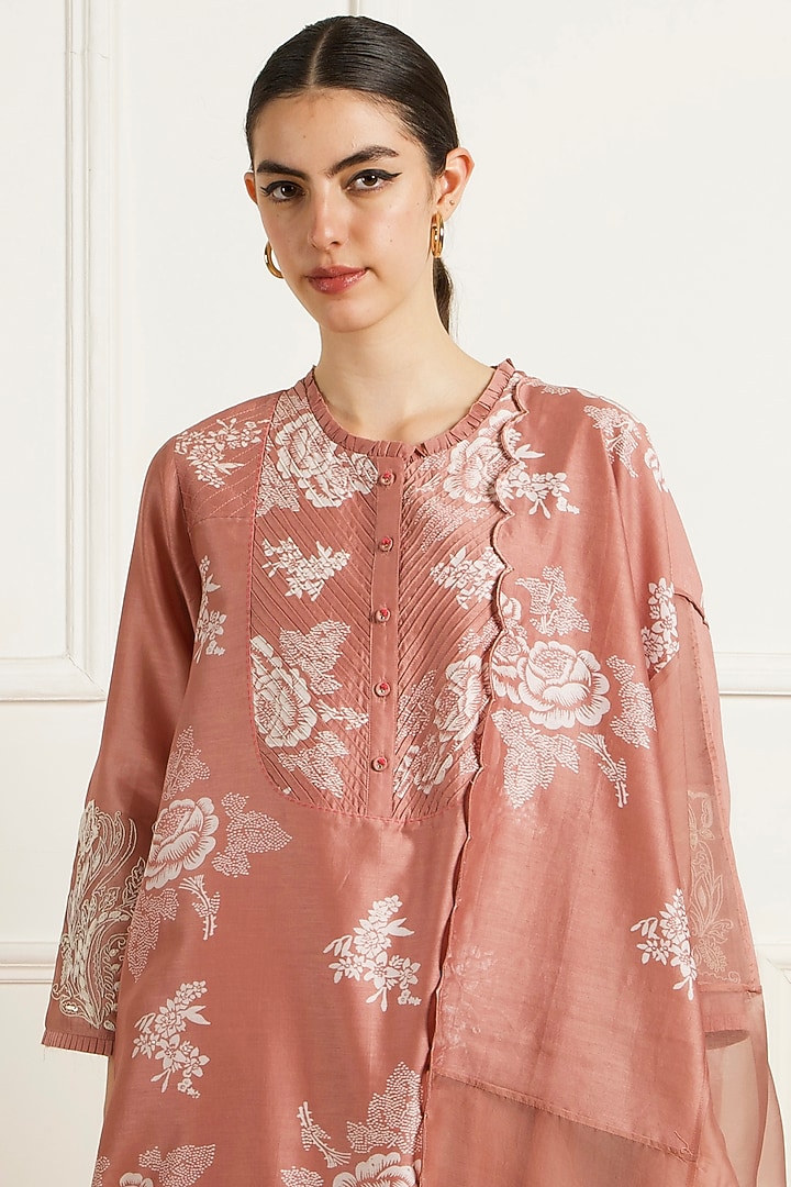 Almond Colored Silk Chanderi Machine Embroidered & Printed Tunic Set by Arcvsh by Pallavi Singh at Pernia's Pop Up Shop