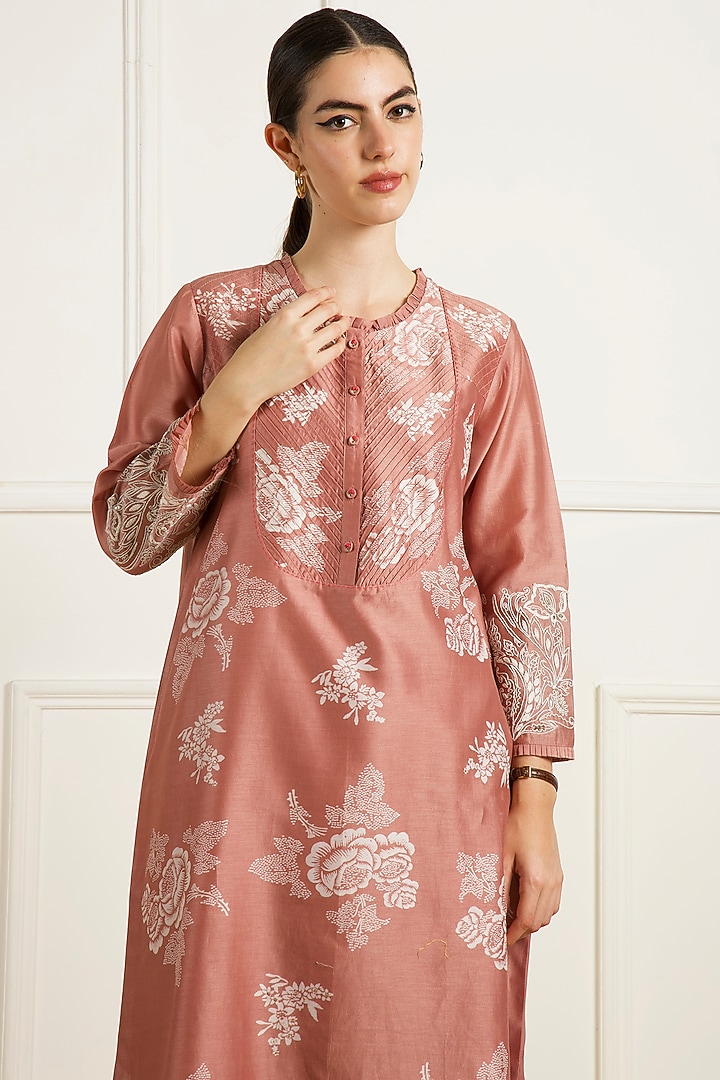 Almond Colored Silk Chanderi Machine Embroidered & Printed Tunic Set by Arcvsh by Pallavi Singh at Pernia's Pop Up Shop