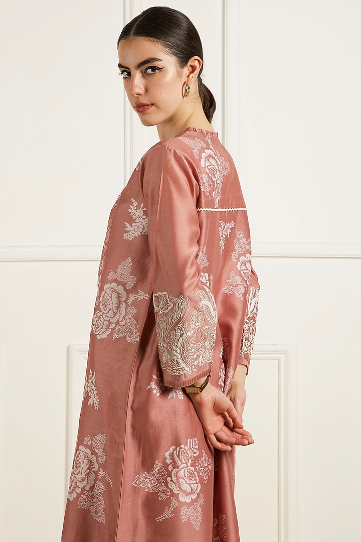 Almond Colored Silk Chanderi Machine Embroidered & Printed Tunic Set by Arcvsh by Pallavi Singh at Pernia's Pop Up Shop