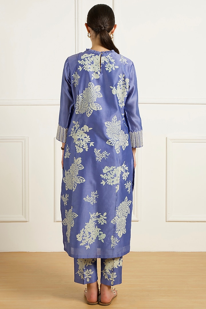 Twilight Blue Silk Chanderi Machine Embroidered & Printed Tunic Set by Arcvsh by Pallavi Singh at Pernia's Pop Up Shop