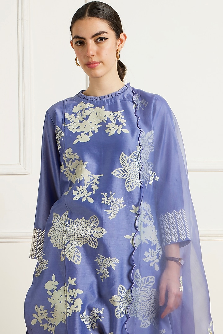 Twilight Blue Silk Chanderi Machine Embroidered & Printed Tunic Set by Arcvsh by Pallavi Singh at Pernia's Pop Up Shop