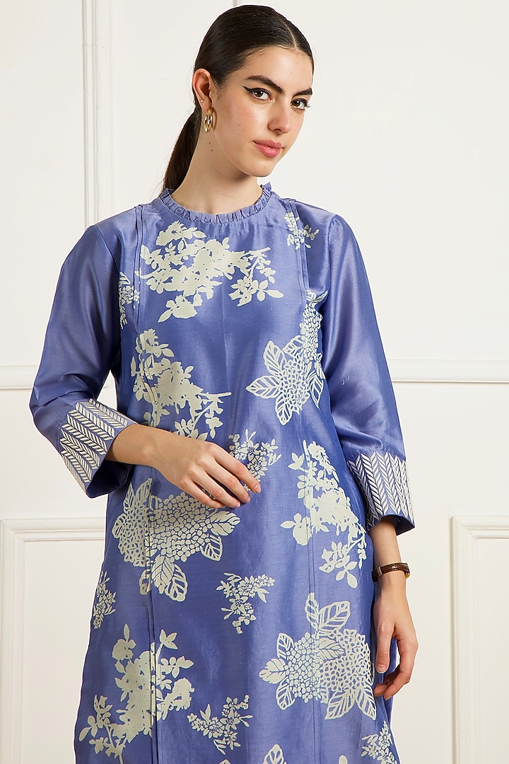 Twilight Blue Silk Chanderi Machine Embroidered & Printed Tunic Set by Arcvsh by Pallavi Singh at Pernia's Pop Up Shop