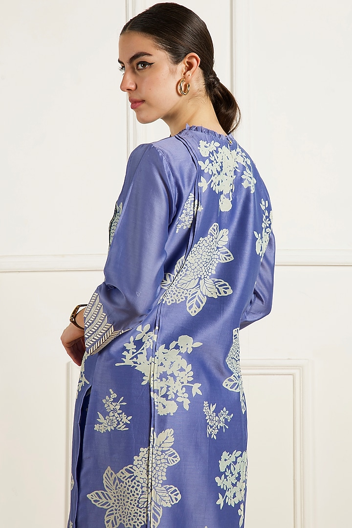 Twilight Blue Silk Chanderi Machine Embroidered & Printed Tunic Set by Arcvsh by Pallavi Singh at Pernia's Pop Up Shop