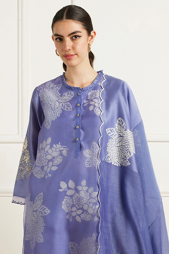 Twilight Blue Silk Chanderi Machine Embroidered & Printed Tunic Set by Arcvsh by Pallavi Singh at Pernia's Pop Up Shop