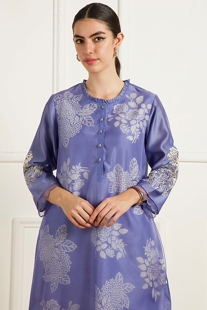 Twilight Blue Silk Chanderi Machine Embroidered & Printed Tunic Set by Arcvsh by Pallavi Singh at Pernia's Pop Up Shop