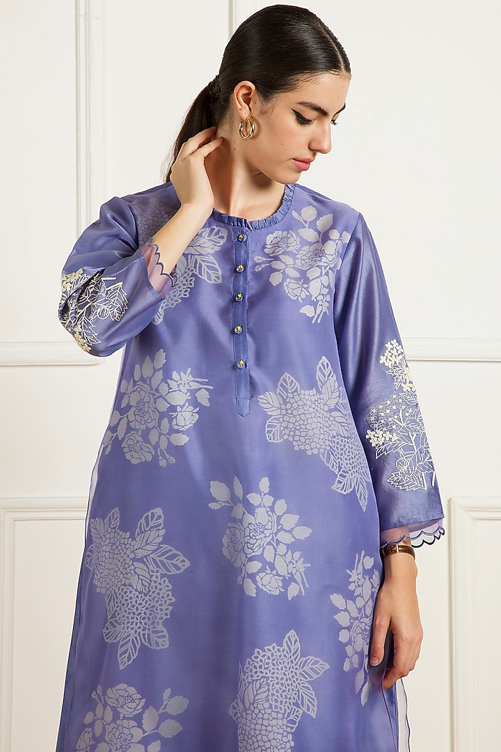 Twilight Blue Silk Chanderi Machine Embroidered & Printed Tunic Set by Arcvsh by Pallavi Singh at Pernia's Pop Up Shop