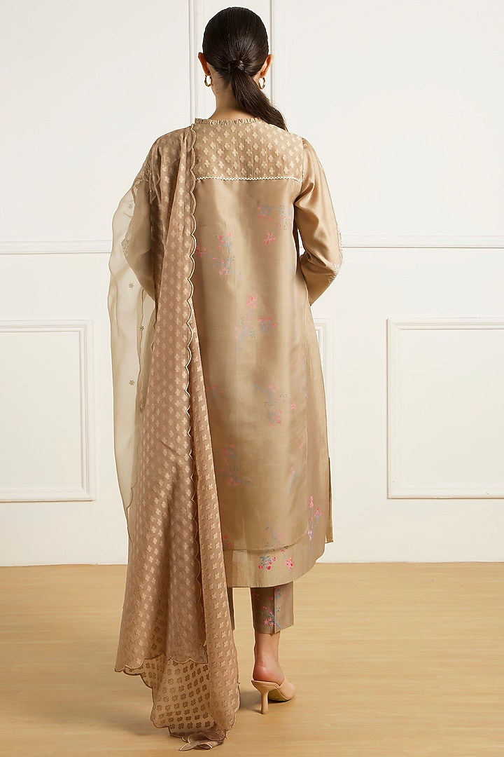 Beige Silk Chanderi Machine Embroidered & Printed Tunic Set by Arcvsh by Pallavi Singh at Pernia's Pop Up Shop