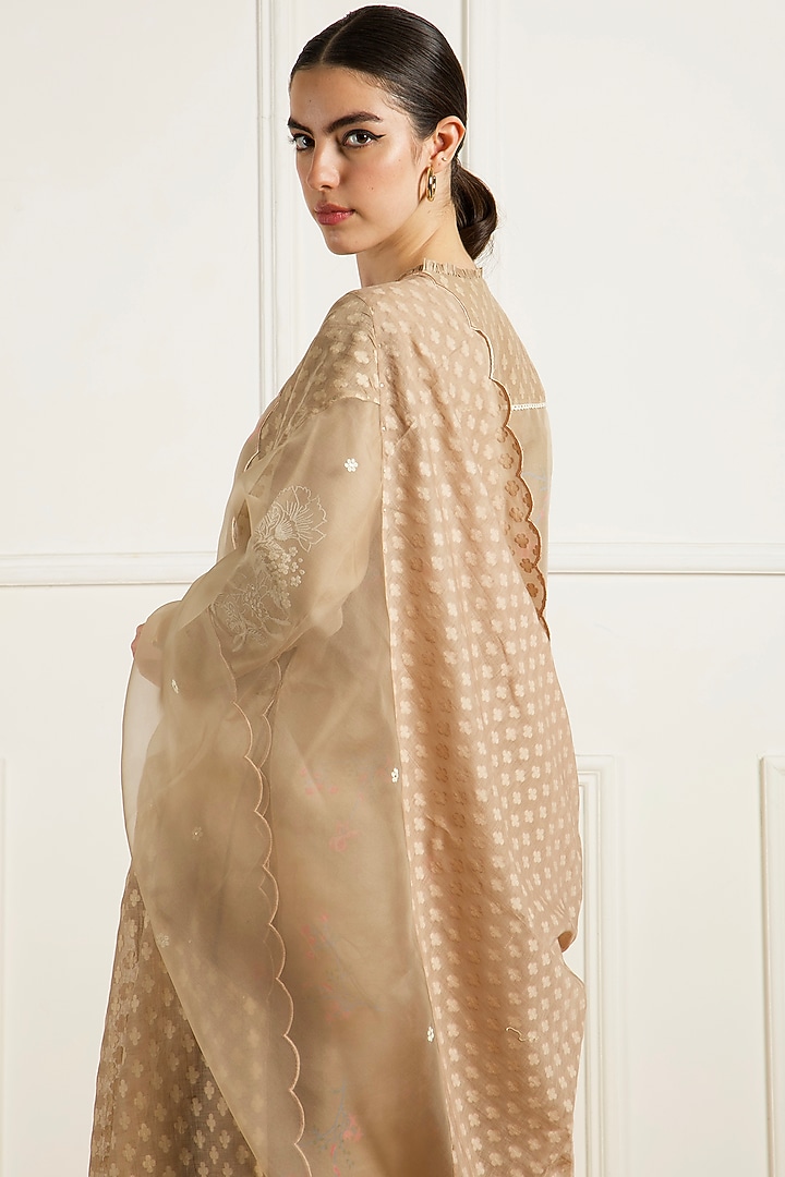 Beige Silk Chanderi Machine Embroidered & Printed Tunic Set by Arcvsh by Pallavi Singh at Pernia's Pop Up Shop