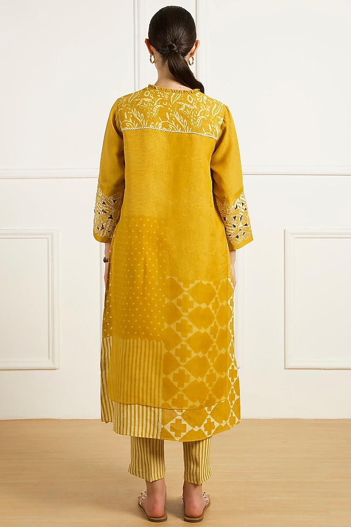 Ochre Yellow Linen Machine Embroidered & Printed Tunic Set by Arcvsh by Pallavi Singh at Pernia's Pop Up Shop