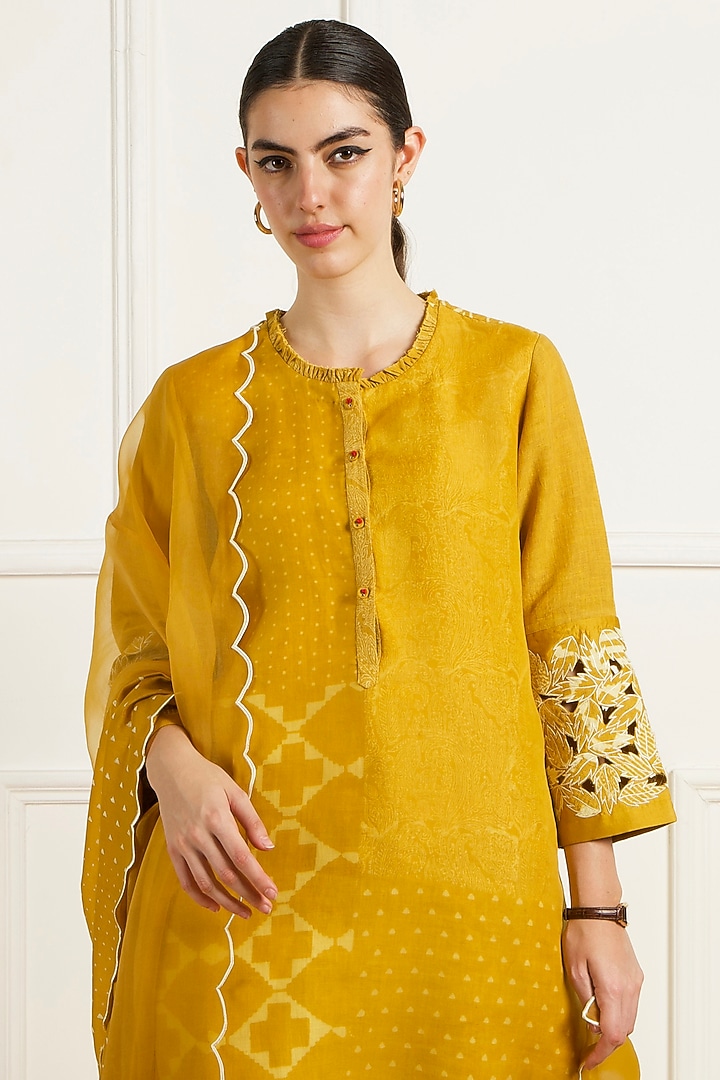 Ochre Yellow Linen Machine Embroidered & Printed Tunic Set by Arcvsh by Pallavi Singh at Pernia's Pop Up Shop