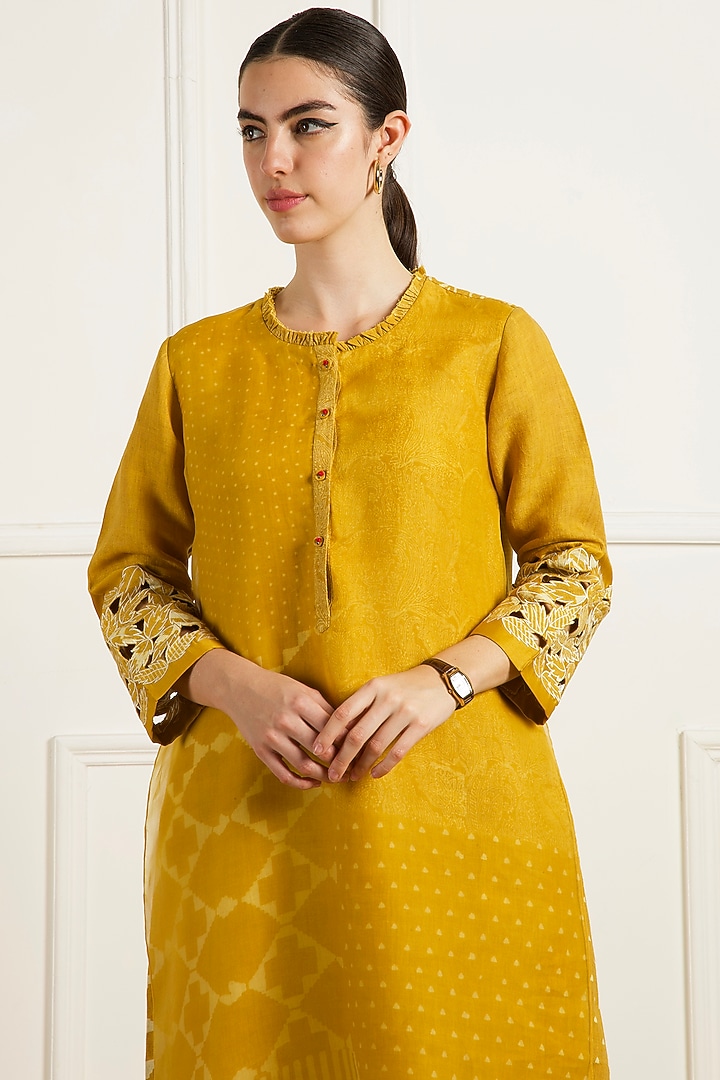 Ochre Yellow Linen Machine Embroidered & Printed Tunic Set by Arcvsh by Pallavi Singh at Pernia's Pop Up Shop