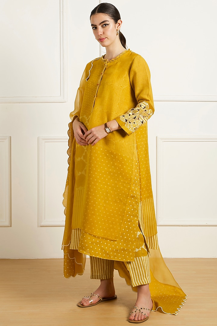 Ochre Yellow Linen Machine Embroidered & Printed Tunic Set by Arcvsh by Pallavi Singh at Pernia's Pop Up Shop