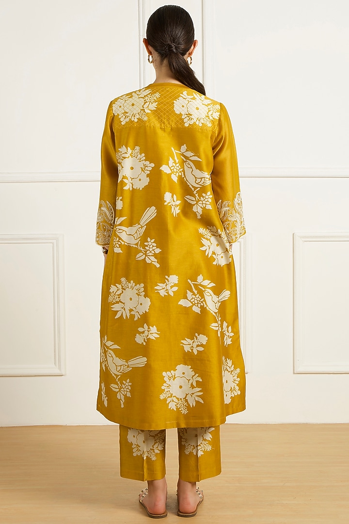 Ochre Yellow Silk Chanderi Machine Embroidered & Printed Tunic Set by Arcvsh by Pallavi Singh at Pernia's Pop Up Shop