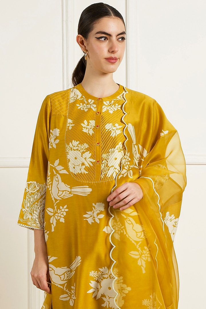 Ochre Yellow Silk Chanderi Machine Embroidered & Printed Tunic Set by Arcvsh by Pallavi Singh at Pernia's Pop Up Shop