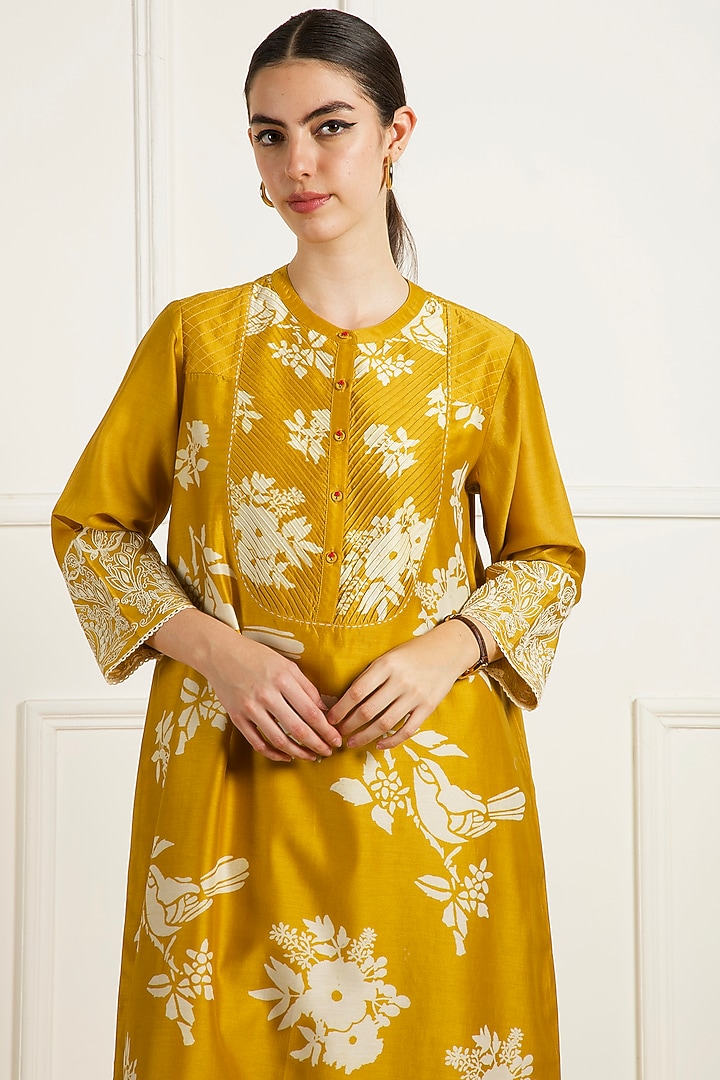 Ochre Yellow Silk Chanderi Machine Embroidered & Printed Tunic Set by Arcvsh by Pallavi Singh at Pernia's Pop Up Shop