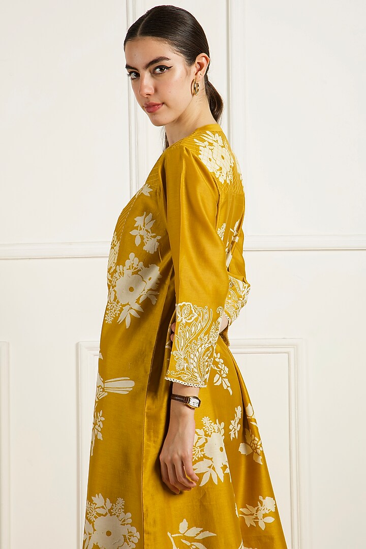 Ochre Yellow Silk Chanderi Machine Embroidered & Printed Tunic Set by Arcvsh by Pallavi Singh at Pernia's Pop Up Shop