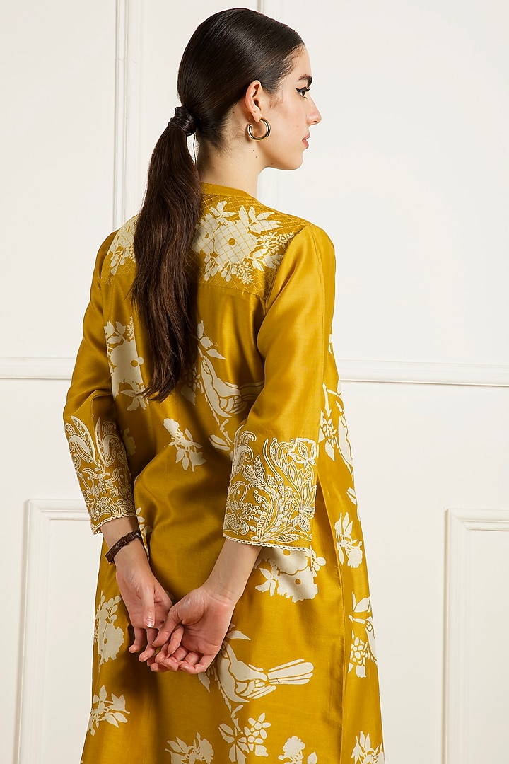 Ochre Yellow Silk Chanderi Machine Embroidered & Printed Tunic Set by Arcvsh by Pallavi Singh at Pernia's Pop Up Shop
