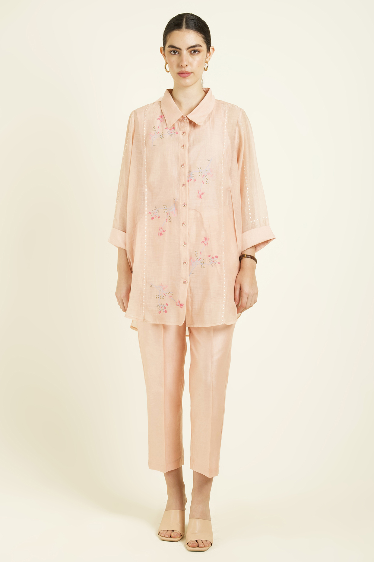Old Rose Mul Chanderi Embroidered & Printed Co-Ord Set by Arcvsh by Pallavi Singh at Pernia's Pop Up Shop