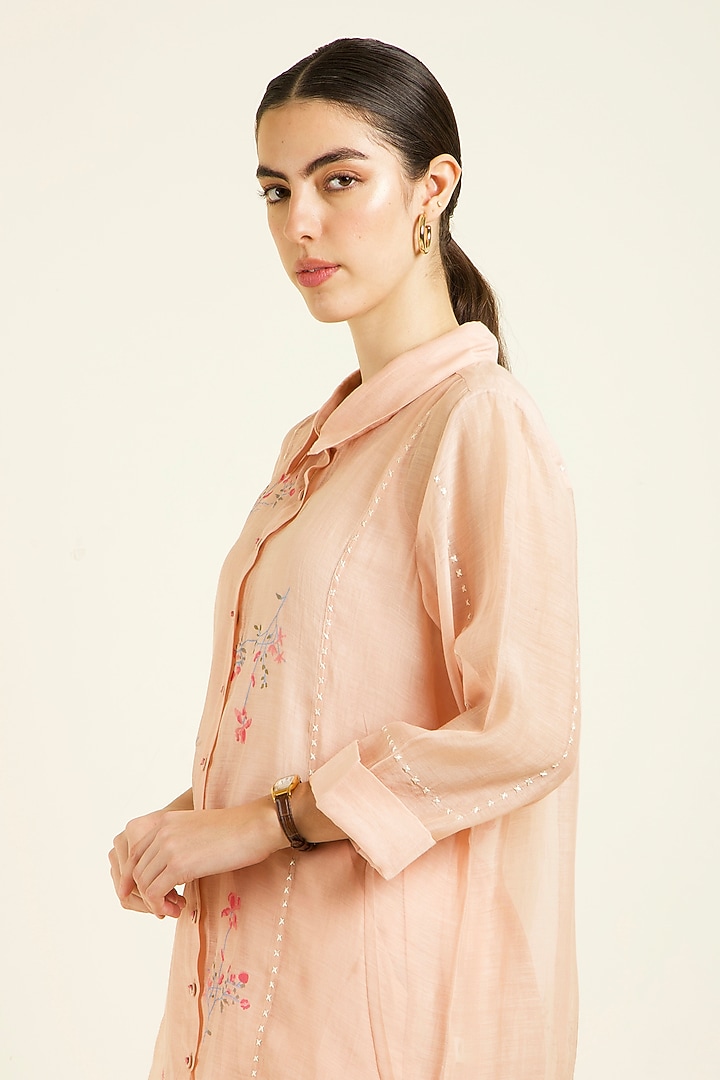 Old Rose Mul Chanderi Embroidered & Printed Co-Ord Set by Arcvsh by Pallavi Singh at Pernia's Pop Up Shop