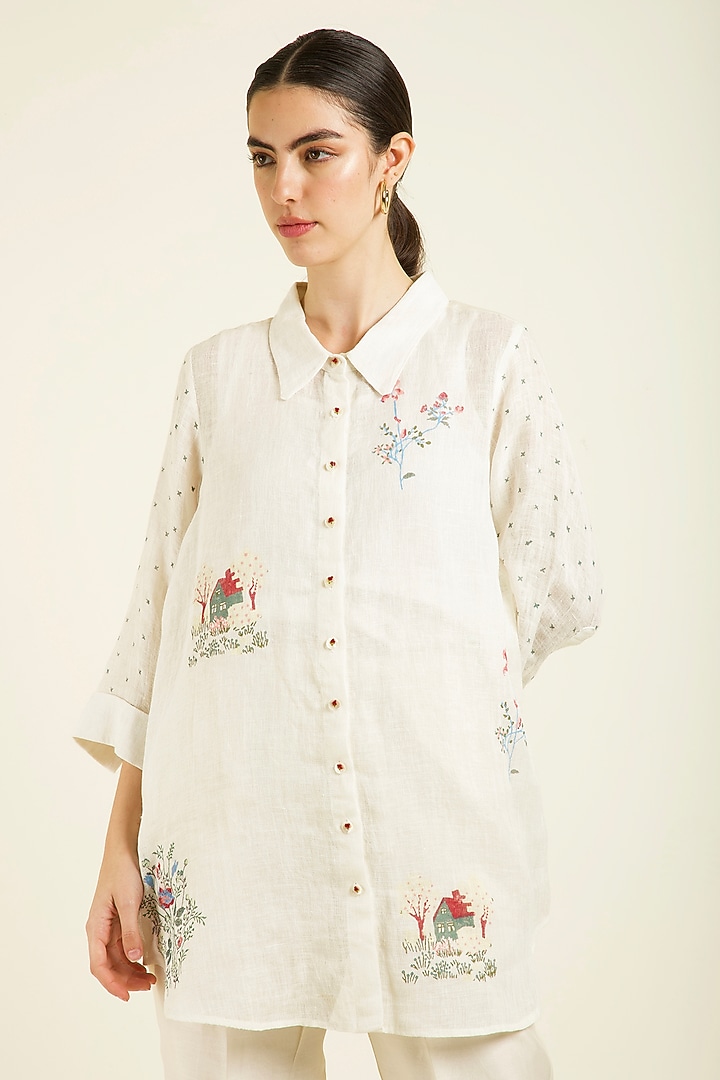 Ivory Gauze Linen Hand Block Printed Co-Ord Set by Arcvsh by Pallavi Singh at Pernia's Pop Up Shop