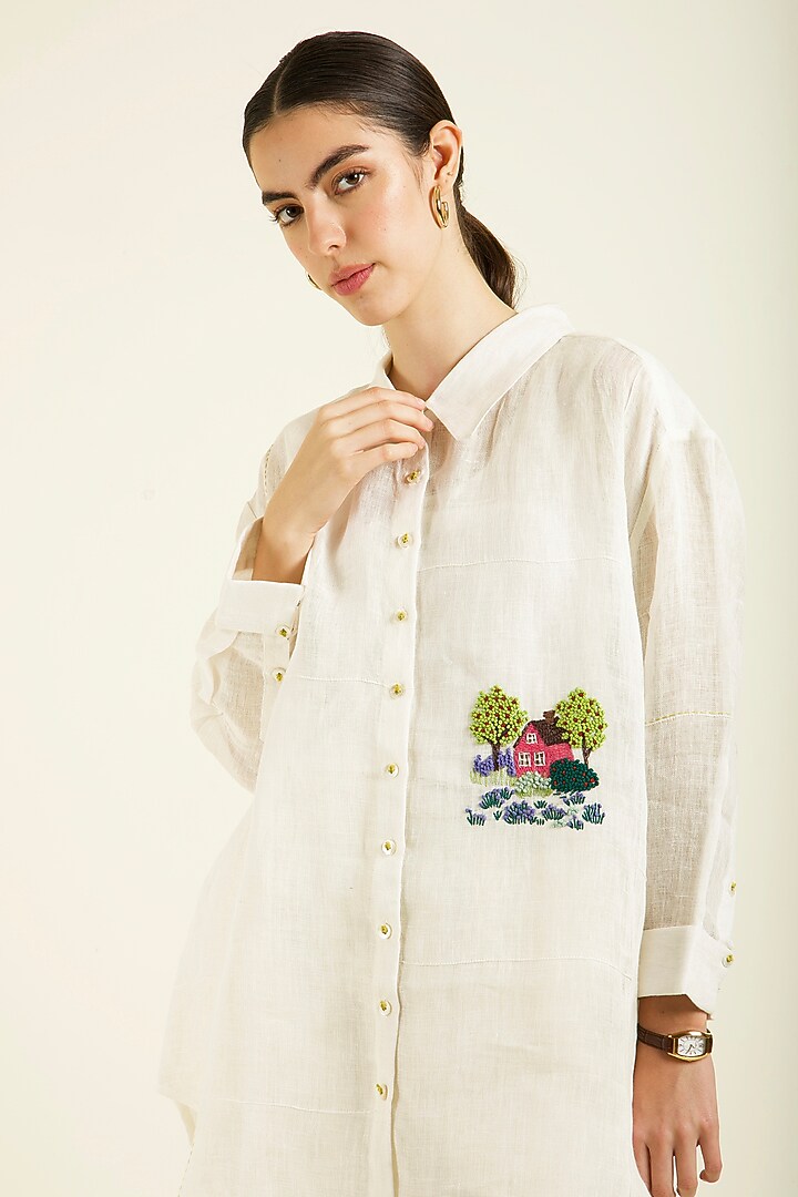 Ivory Gauze Linen Hand Embroidered Co-Ord Set by Arcvsh by Pallavi Singh at Pernia's Pop Up Shop