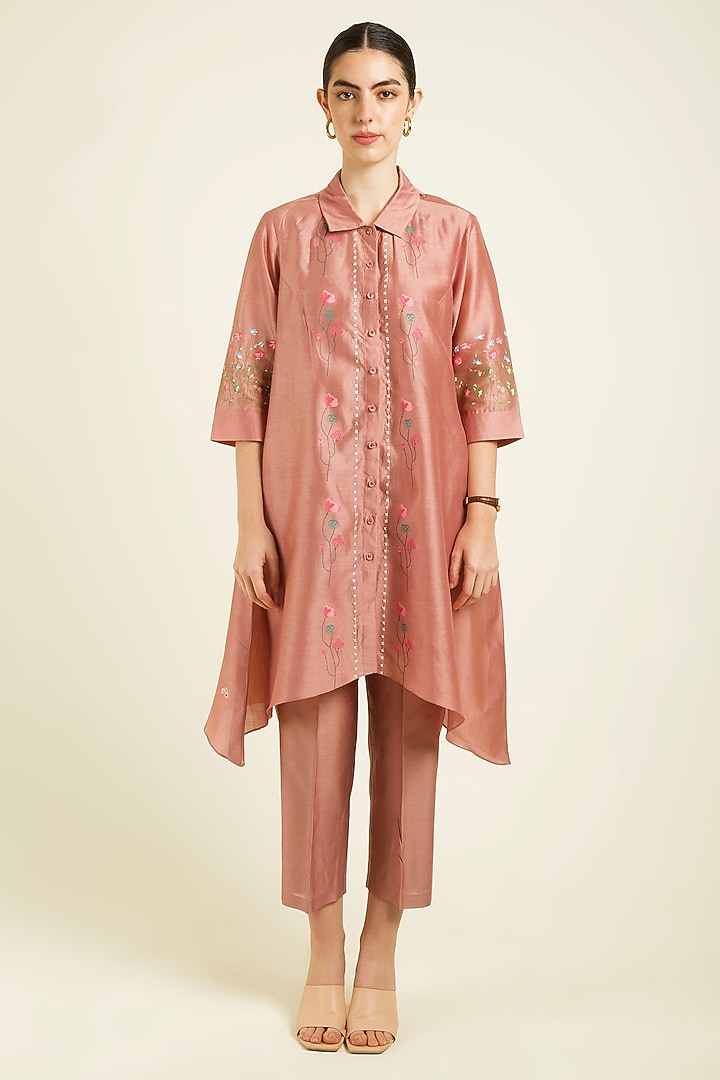 Almond Silk Chanderi Embroidered & Printed Co-Ord Set by Arcvsh by Pallavi Singh at Pernia's Pop Up Shop