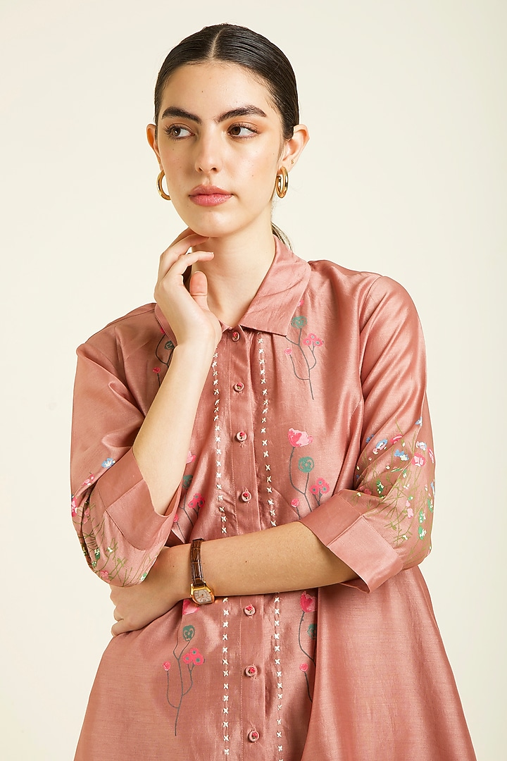 Almond Silk Chanderi Embroidered & Printed Co-Ord Set by Arcvsh by Pallavi Singh at Pernia's Pop Up Shop