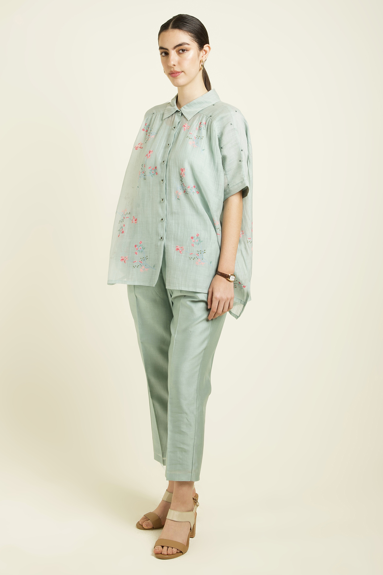 Mint Mul Chanderi Embroidered & Printed Co-Ord Set by Arcvsh by Pallavi Singh at Pernia's Pop Up Shop